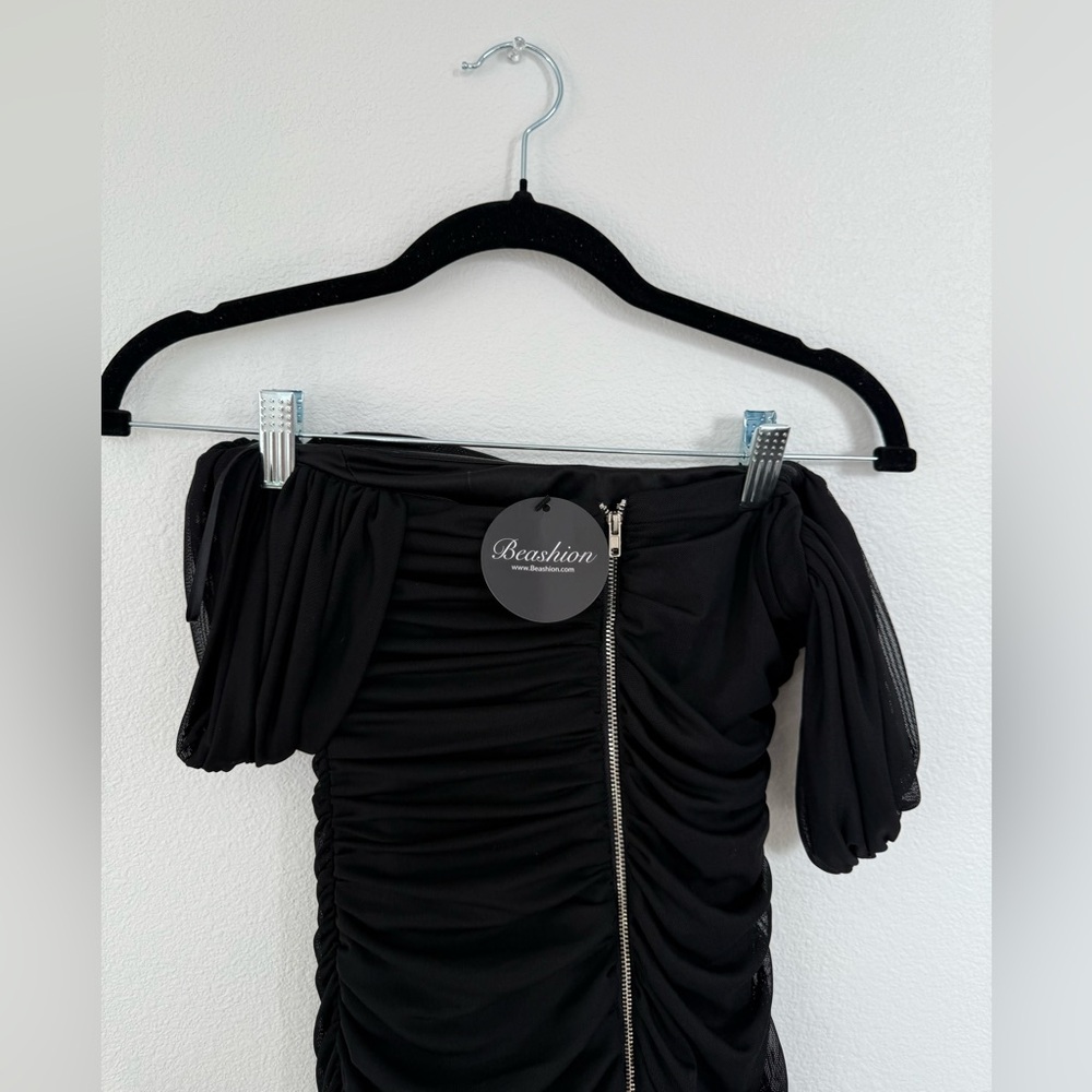 Black Ruched Off-Shoulder Dress